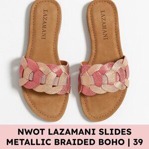 Lazamani Leather Braided Metallic Slide Sandals NWOT EU 39 Rose Pink